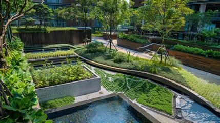 Highlight an unexpected green space within a bustling cityscape, offering a refreshing urban escape.