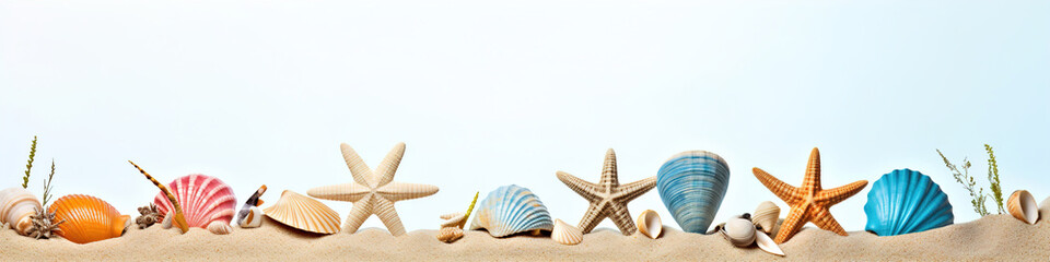 Horizontal border of  various beach items, accessories and toys scattered on a white background. Summer vacation concept.