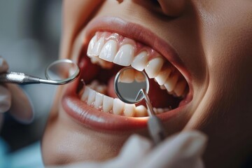 Dentist examining a patient's caries with a mirror, focusing on oral care
