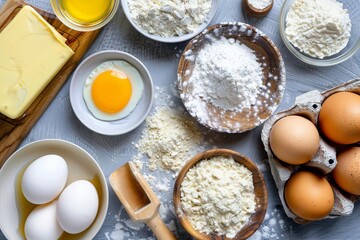 ingredients for baking arranged on table flour eggs sugar butter food photography cooking concept