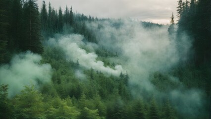 Aerial view of misty forest in summer. Smoke from a forest