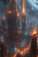 Obraz premium A dark and moody cityscape with bright lights and a large moon in the background.