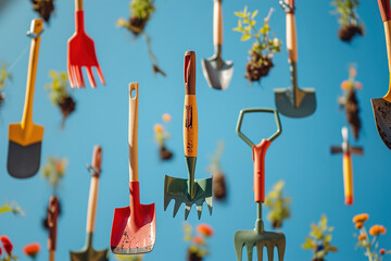 Garden tools floating levitating in the air, shovels, diggers, rakes, planting tools, seeds, garden gloves on blue sky.