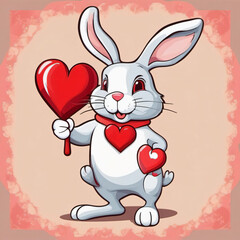 Cartoon rabbit holding a heart in his hand, intended for cards, Valentine's Day, March 8, printing, fabric printing and other occasions