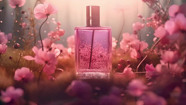 A bottle of perfume with flowers inside. Volumetric lighting, Flowers, Petals, Grass, Plants, Leaves. Perfume inside different flowers wreath. Aromatherapy elegance luxury perfume	
