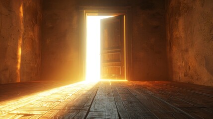 A dark room with a bright light coming in through an open door.
