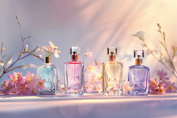 glass bottle for perfume Surrounded by beautiful Flowers generated AI