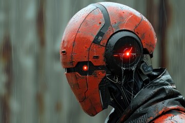 Close-up of a red helmet with glowing eyes, creating a haunting and mysterious atmosphere in a rainy setting