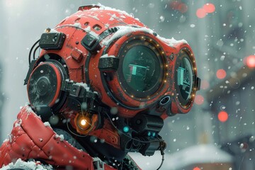 The image shows a robotic suit with intricate design and details, set against a snowy backdrop
