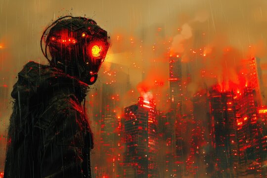 A futuristic warrior stands amidst a burning, rain-soaked cityscape, evoking a sense of impending doom and resistance