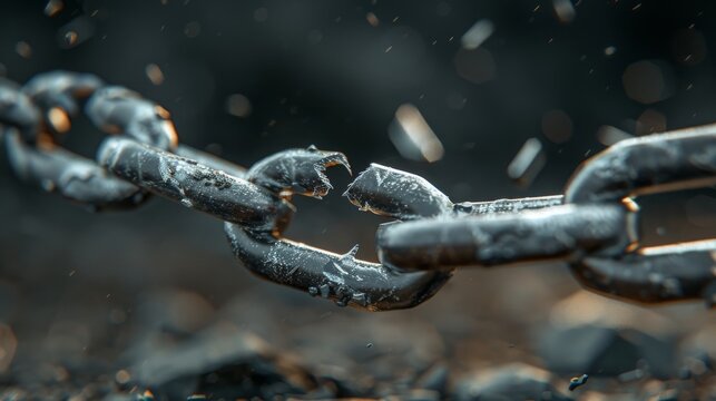 A dark, detailed, high-quality render of a chain breaking in slow motion with sparks.