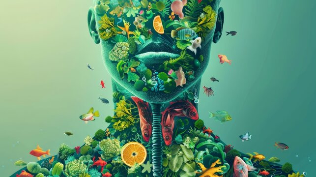 Illustration of a human thyroid outlined with foods beneficial for thyroid health, including seaweed and fish