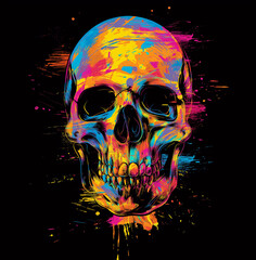 Colorful paint splashes digiral art with a skull on the dark background