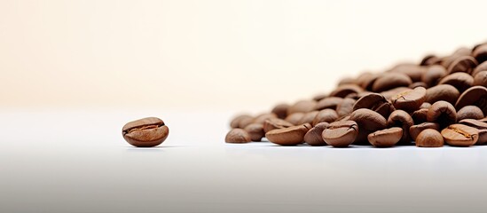Single coffee bean on a heap of coffee beans - obrazy, fototapety, plakaty