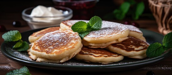 Plate of pancakes with dusted sugar and fresh mint