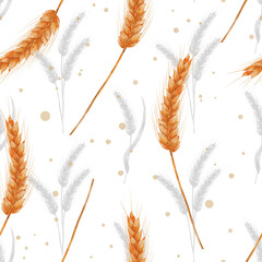 Watercolor ear of ripe wheat. Botanical seamless pattern with grain. An ear of grain, wheat, barley and dots on a white background. Design for packaging of baked goods, cereals, fabric and paper.