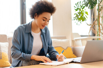Young African American woman with curly hair sitting on comfortable sofa, using laptop, taking notes