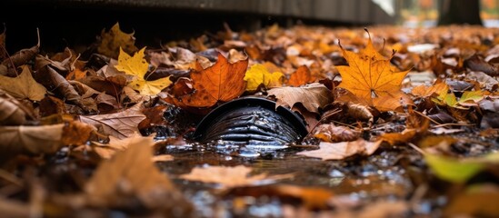 Shoe in Water Puddle Surrounded by Leaves
