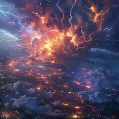 Fototapeta premium A digital painting of a stormy night sky. The clouds are dark and ominous, and the lightning is flashing brightly. The ground is covered in a blanket of snow, and the trees are bare.