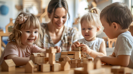 Caring teacher and children playing with wooden blocks in a kindergarten classroom. Teachers day....