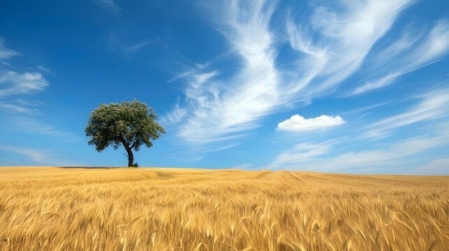 Golden Wheat Field in Motion: A Lone Tree Bends Gracefully Under the Wind's Embrace