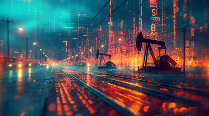 oil pumps over blue background with double exposure of falling blurry digital graphs. Concept of oil market crisis.