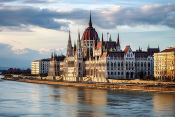 Fototapeta premium Budapest skyline with the strikingly beautiful Parliament building at Hungalian Parliament and Danube River, Budapest,, Ai generated