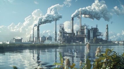 A factory is located on the banks of a river and is polluting the water with its waste.