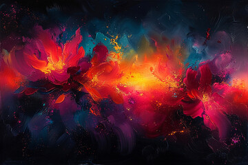 Vibrant bursts of color exploding against a darkened sky, illuminating the night with a dazzling display of abstract expression.