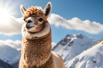 Fototapeta premium A majestic alpaca standing tall on a snow-capped mountain, its soft fur glistening in the sunlight.