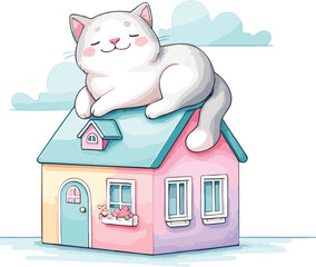 cute cat sleep on the roof house pastel vector