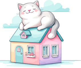 cute cat sleep on the roof house pastel	
