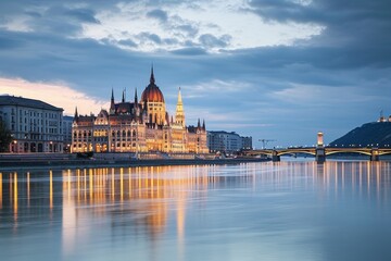 Naklejka premium Budapest skyline with the strikingly beautiful Parliament building at Hungalian Parliament and Danube River, Budapest,, Ai generated