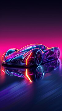 A futuristic sports car with a sleek design and glowing neon lights.