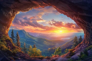 majestic cave entrance in mountain with stunning view of rolling hills at sunset digital painting