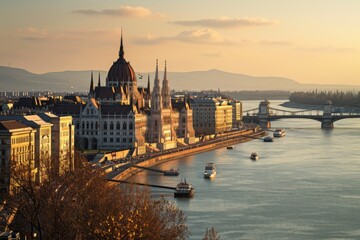 Budapest skyline with the strikingly beautiful Parliament building at Hungalian Parliament and...