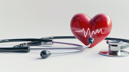 3d heart with heartbeat line and stethoscope.