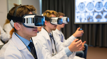 Students in lab coats using VR headsets in a classroom