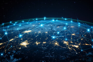Global connection internet satellite web data network 5G telecommunications world space low orbit regional geopolitics technology infrastructure, illustration
