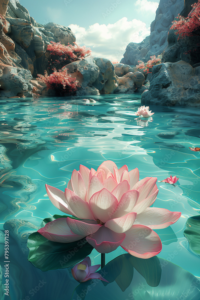 Wall mural Pink and white lotus rises majestically from radiant turquoise waters, 3D illustration 