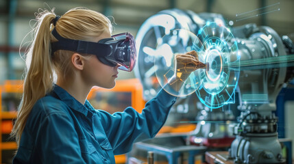 Engineer using augmented reality to interact with machinery