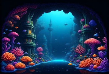 Pixel art a hyperrealistic 8k underwater coral cit (3) - obrazy, fototapety, plakaty