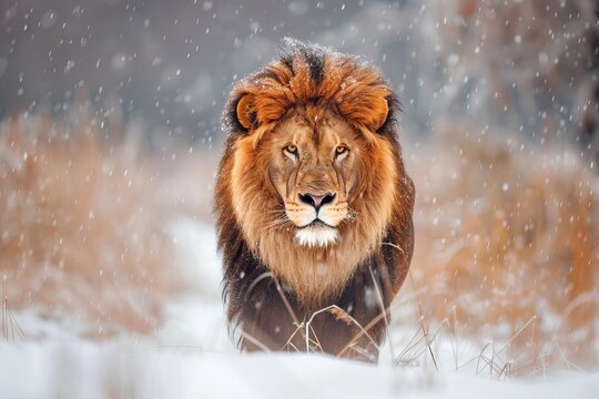majestic lion amidst a snowy landscape wildlife photograph