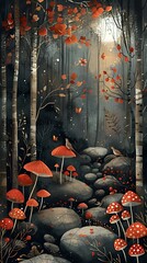Enchanted Forest Scene with Red Mushrooms and Wildlife
