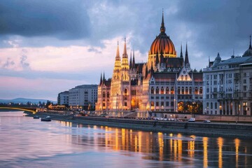 Fototapeta premium Budapest skyline with the strikingly beautiful Parliament building at Hungalian Parliament and Danube River, Budapest,, Ai generated