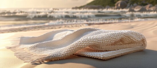 Summers Call A Radiant D Rendered Beach Towel on the Sunkissed Horizon - obrazy, fototapety, plakaty