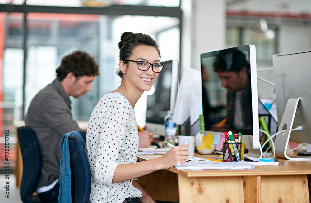 Poster portrait, woman and happy with notepad in office for career or job growth with opportunity. employee