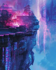 A glowing blue and purple landscape with floating rocks and waterfalls.