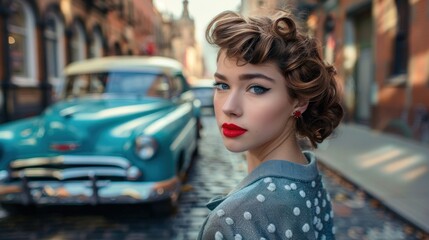 Beautiful young woman dressed in retro style of the 50s with stylish hair stands on the street of...