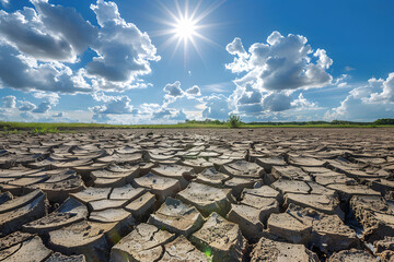 Cracked land under hot sunny weather with the effects of El Nino, depicting arid and drought conditions caused by climate change. - obrazy, fototapety, plakaty